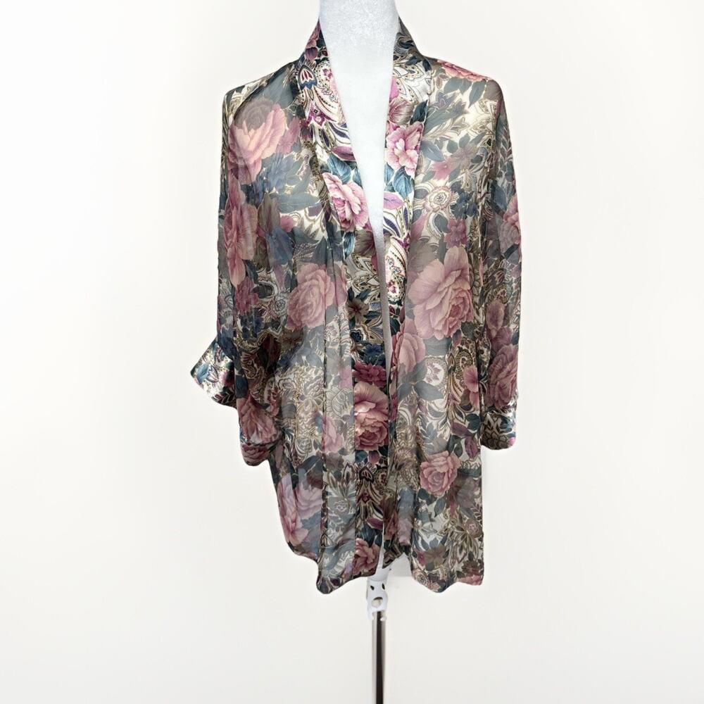 Vintage Victorias Secret Robe Kimono Gold Label Floral Pink Sheer Satin Short OS